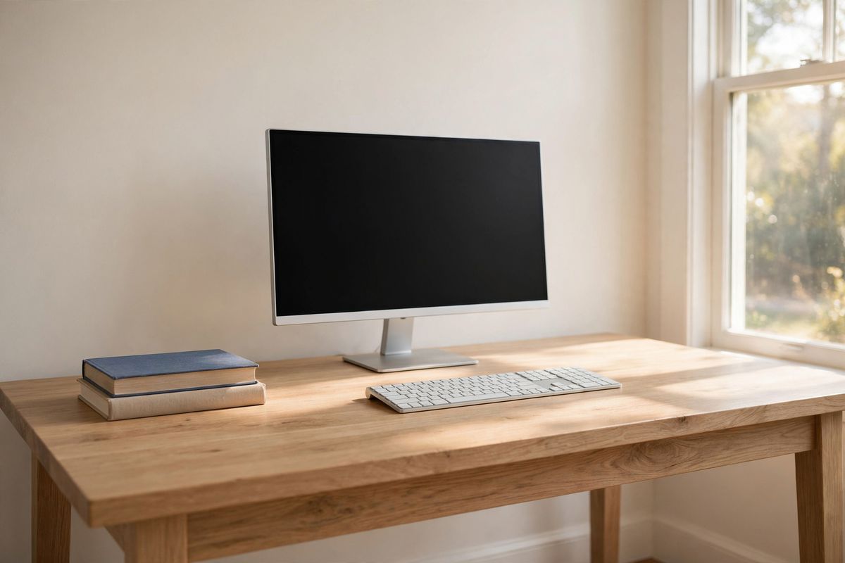 An empty light-oak home office desk against a warm white wall with a slim silver monitor, a low-profile keyboard and a stack of two hardback books, lit from a window on the right