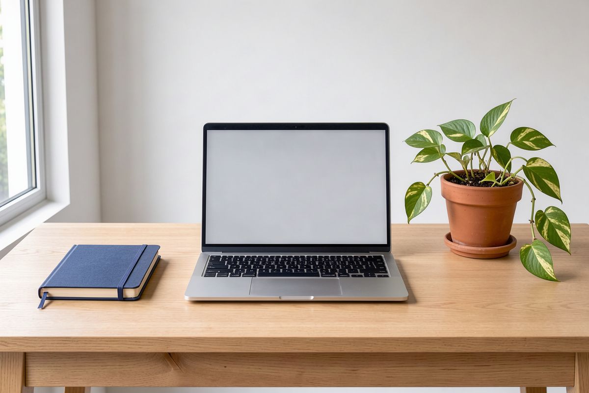 An oak desk with a navy notebook on the left, a silver laptop in the center and a terracotta pot with a pothos plant on the right