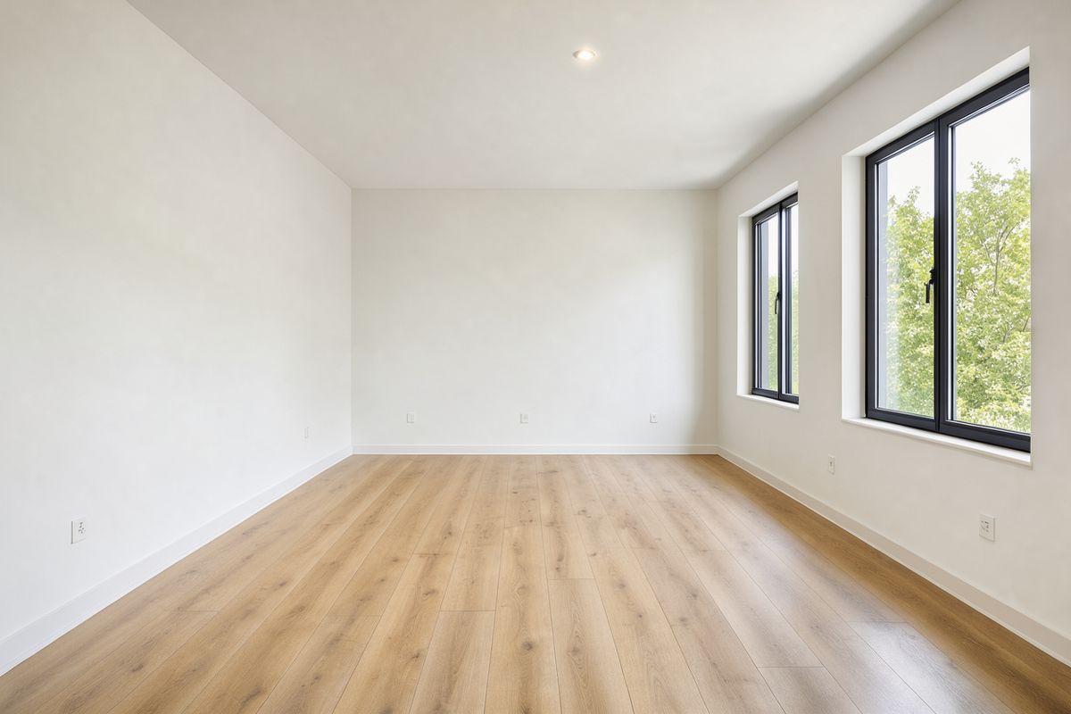 An empty apartment living room with white walls, pale oak floorboards and two tall black-framed windows on the right looking onto trees