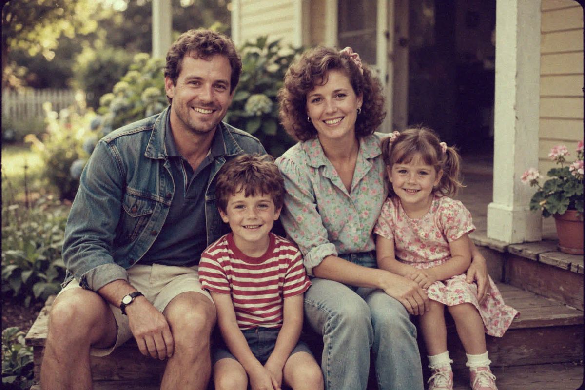 A faded, grainy, soft photograph of a family of four sitting on wooden porch steps, the colours washed out and warm-shifted