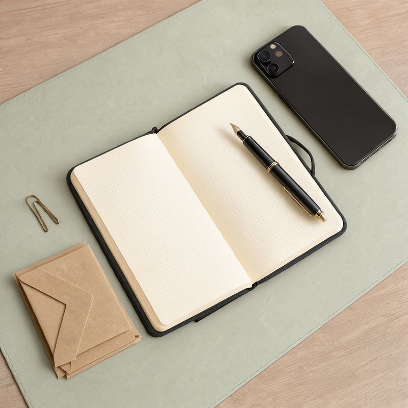 An overhead flat lay on a sage desk mat with an open dotted notebook, a black fountain pen, a smartphone face down in the upper right, kraft envelopes and a brass paper clip