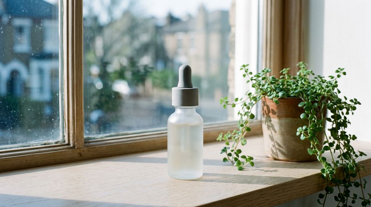 A skincare serum bottle on an oak windowsill in cool blue morning light with shadows falling right
