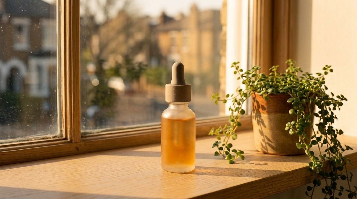 The same serum bottle and windowsill in warm golden afternoon light with shadows falling left