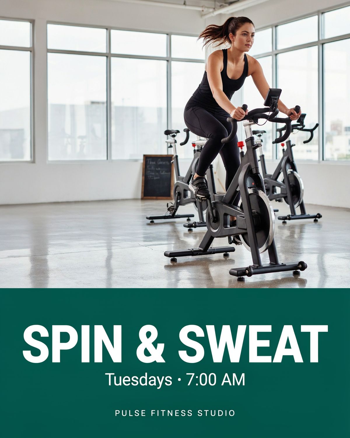 A fitness studio post with a woman on a cycling bike above a teal panel reading SPIN & SWEAT, Tuesdays · 7:00 AM and Pulse Fitness Studio