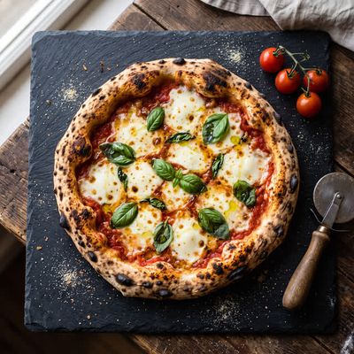 A soft, low-resolution overhead photo of a rustic pizza on a slate board