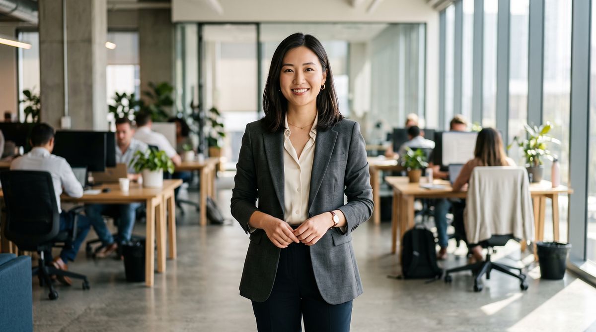 A studio-lit photo of a young woman founder in a blazer in a modern open-plan office, looking at the camera
