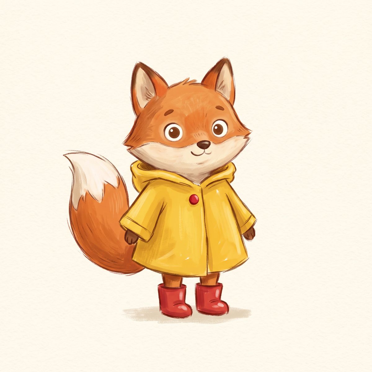 A gouache character design of a small upright fox with large round eyes and a white-tipped tail, wearing a yellow raincoat with one red button and red rain boots, on a cream background