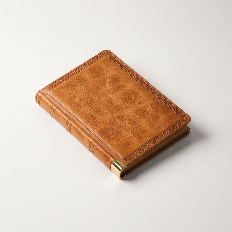 A closed vintage tan leather-bound journal with an embossed border on an off-white background