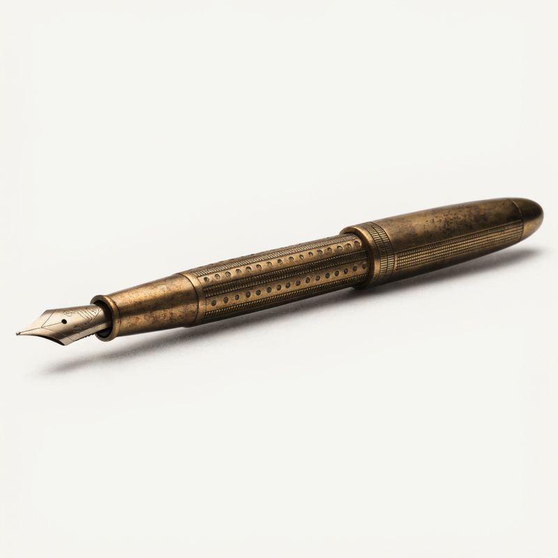An antique brass fountain pen with an engraved barrel on an off-white background