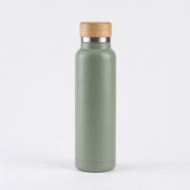 A matte sage green insulated water bottle with a bamboo cap on white