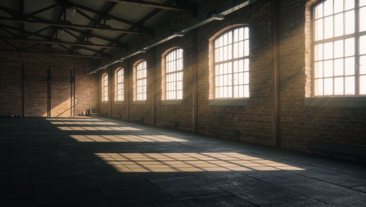 An empty industrial gym with exposed brick walls, black rubber flooring, and tall windows letting in morning light