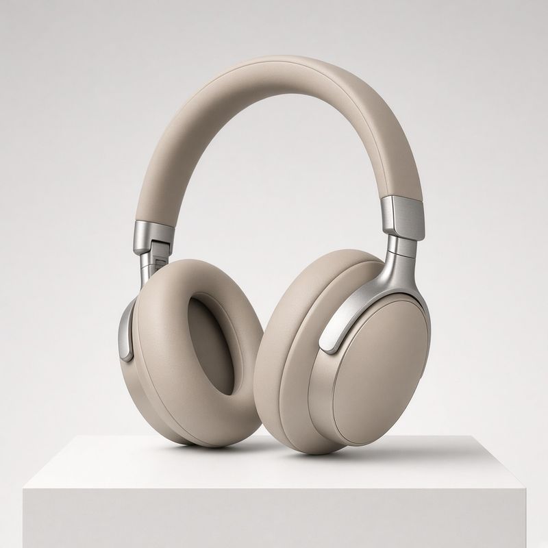 A packshot of sand beige over-ear headphones with brushed aluminum arms on a low white plinth against a seamless pale gray backdrop