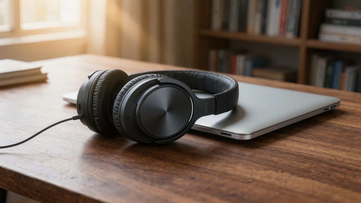 Matte black over-ear headphones on a walnut desk next to a closed laptop, lit by morning light from the left