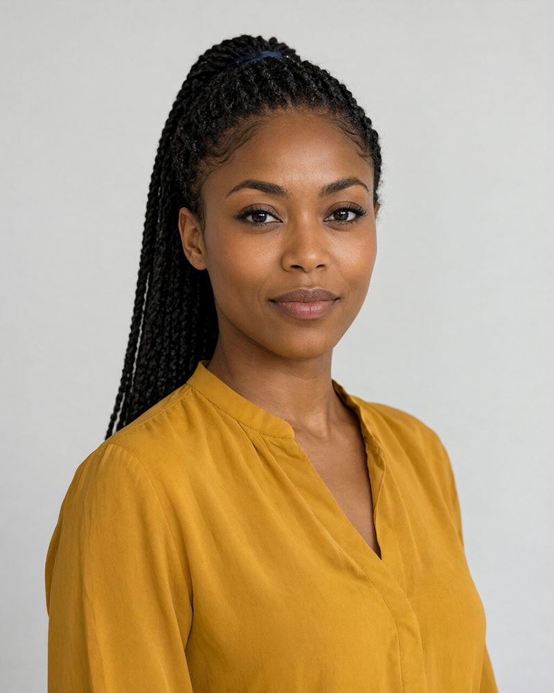 A woman in her thirties with long black box braids tied back in a mustard yellow blouse