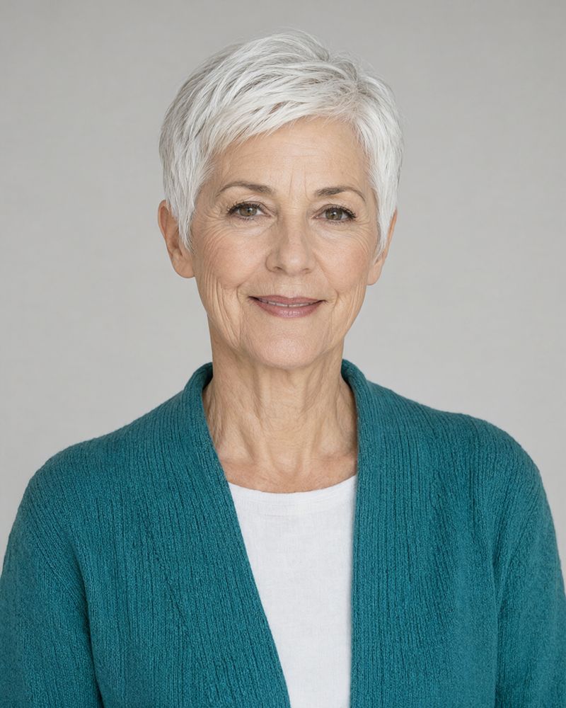 A woman in her sixties with a short white pixie cut in a teal cardigan over a white top