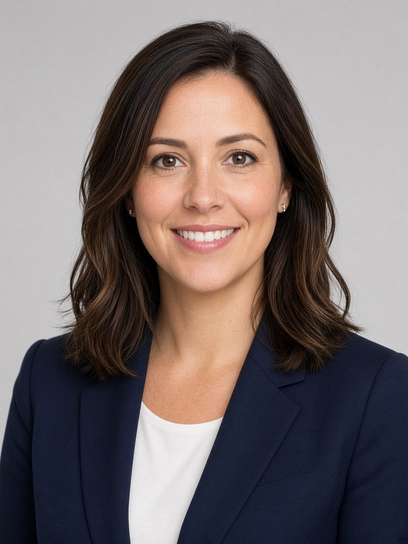 A corporate headshot of a woman in a navy blazer on a plain light-grey studio background