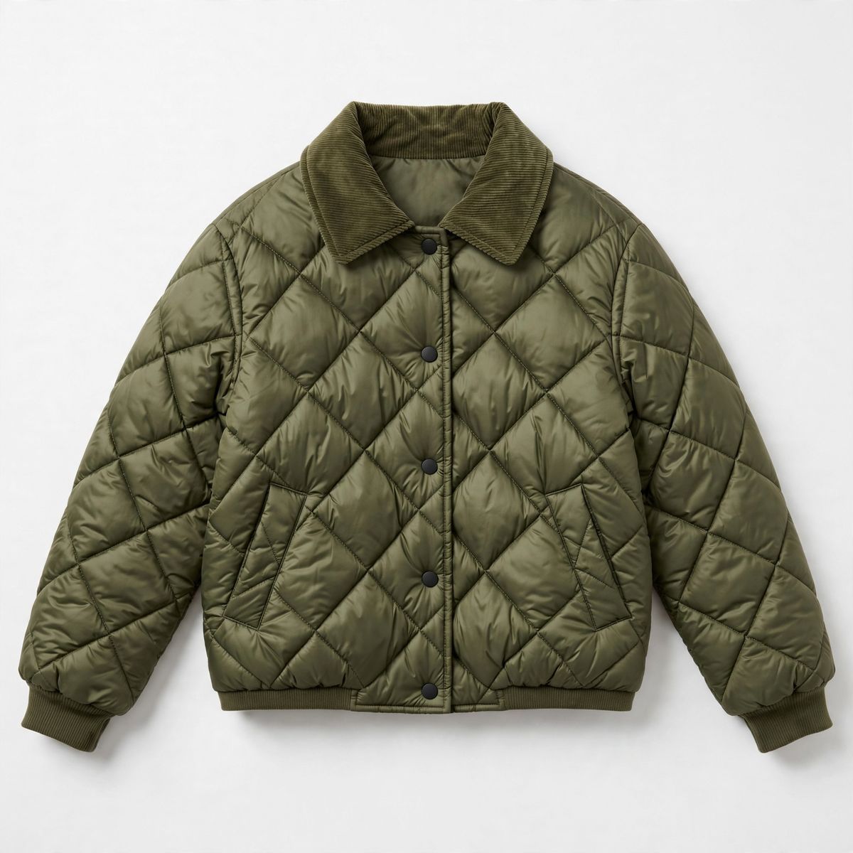 A flat-lay of a quilted olive-green cropped puffer coat with a corduroy collar on a white background