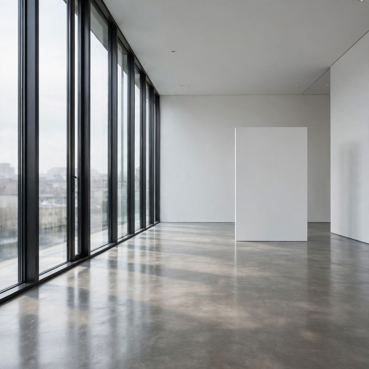 An empty gallery interior with a polished concrete floor, tall white walls, a blank partition and a full-height window along one side