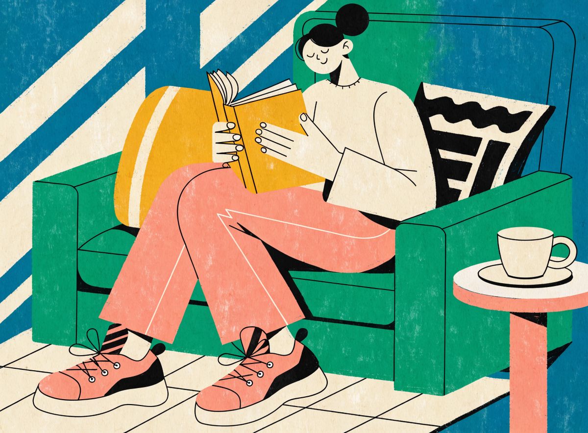 Mid-century flat vector illustration of a person reading on a green sofa in a warm sunlit living room, small side table with coffee cup beside them