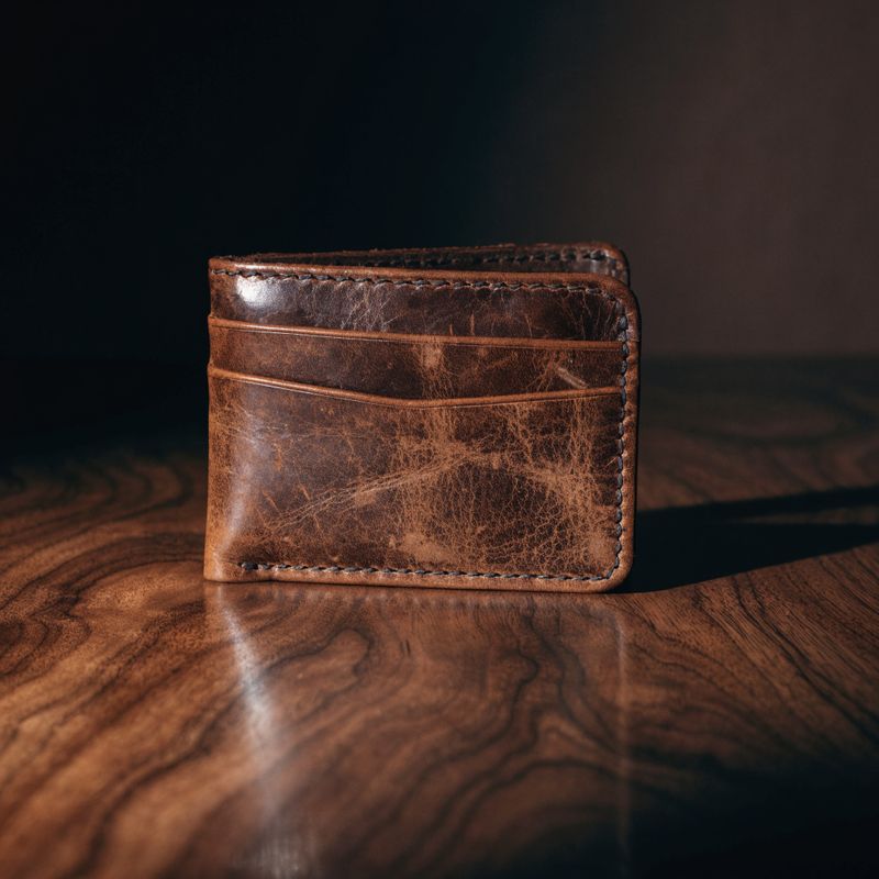 Dramatic chiaroscuro product photograph of a worn brown leather bifold wallet on a dark walnut surface, single warm directional light from the upper left, dark chocolate background falling to black