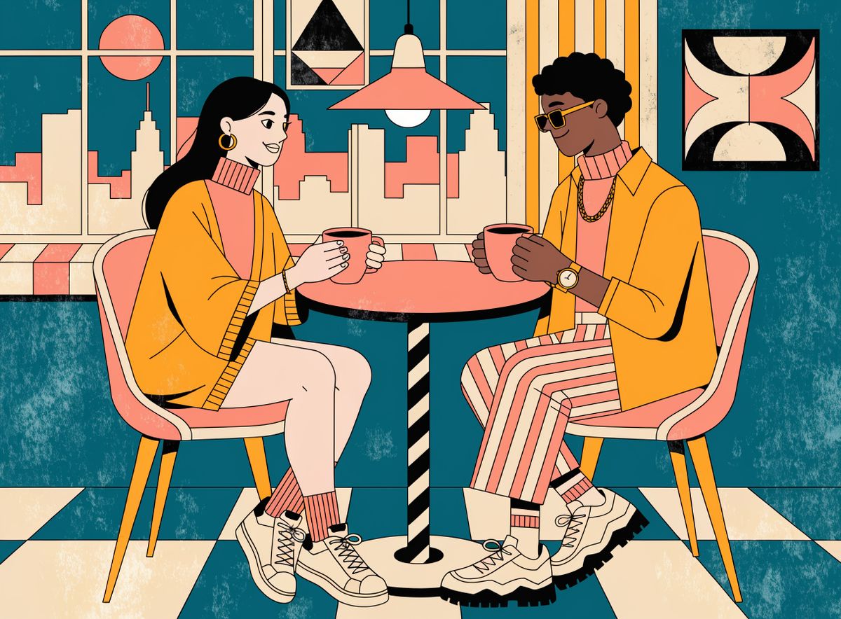 Mid-century flat vector illustration of a young couple sharing coffee at a small round cafe table by a large window in warm afternoon light