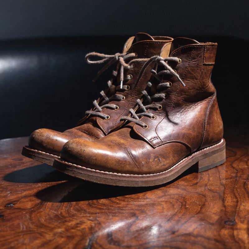 Dramatic chiaroscuro product photograph of a pair of well-worn brown leather ankle boots on a dark walnut surface, single warm directional light, dark chocolate background falling to black