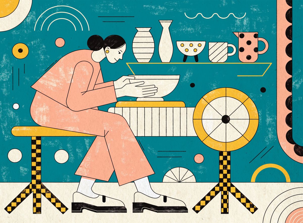 Mid-century flat vector illustration of a woman at a wooden pottery wheel shaping a bowl, a shelf of finished ceramic pieces on the wall behind her, warm workshop light