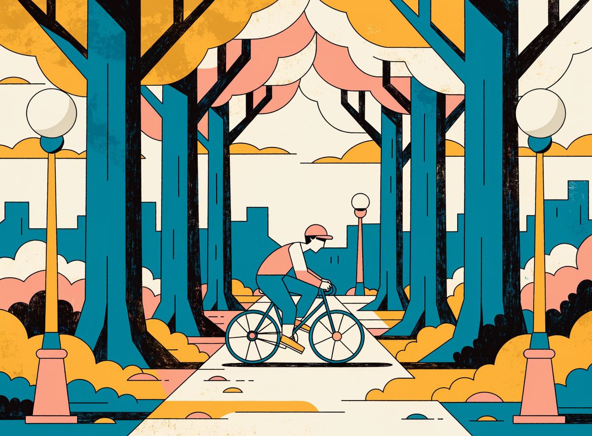 Mid-century flat vector illustration of a cyclist in casual clothes riding through a tree-lined avenue at golden hour, small figure against a soft warm sky