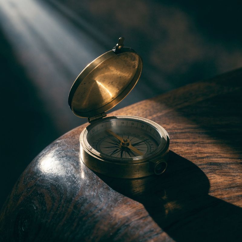 Dramatic chiaroscuro product photograph of a brass pocket compass with the lid open on a dark walnut surface, single warm directional light, dark chocolate background falling to black