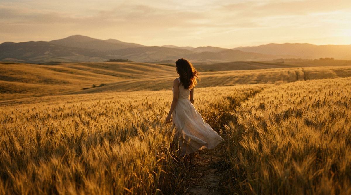 A cinematic still of a woman in a linen dress standing in a golden wheat field at sunset, seen from behind