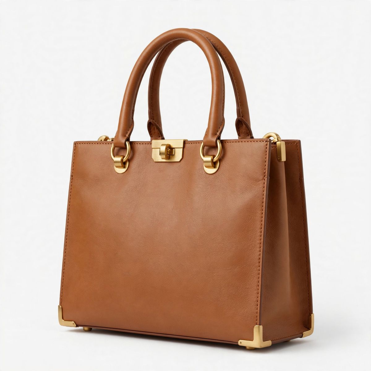 A structured tan leather tote bag with rolled handles and brushed gold hardware, upright on a white background