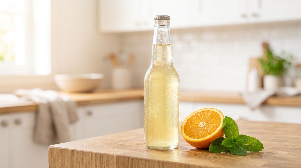 A chilled glass bottle of sparkling citrus soda beaded with condensation on a sunlit wooden counter, a halved orange and a mint sprig beside it