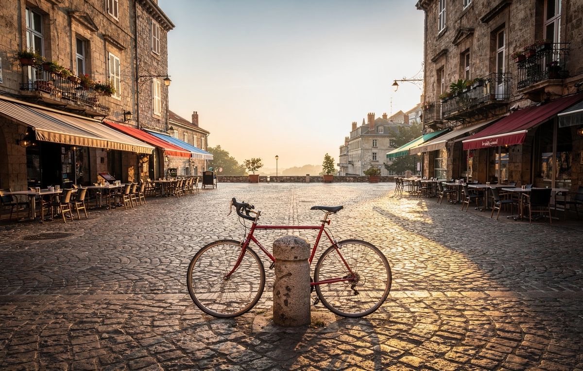 Cobblestone plaza with a red bicycle