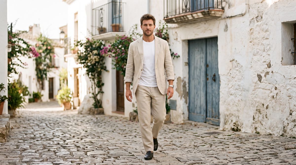 A man in a sand-colored linen suit and white t-shirt mid-stride on a sunlit cobbled street, whitewashed walls and a faded blue door behind him