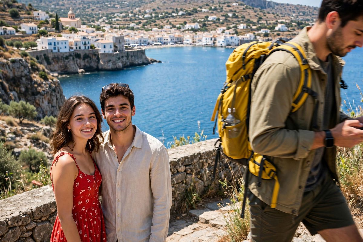 A young couple smiling at the camera on a stone clifftop viewpoint above a bright blue bay, a whitewashed coastal town on the far shore, and a stranger with a yellow hiking backpack walking through the right of the frame looking down at his phone