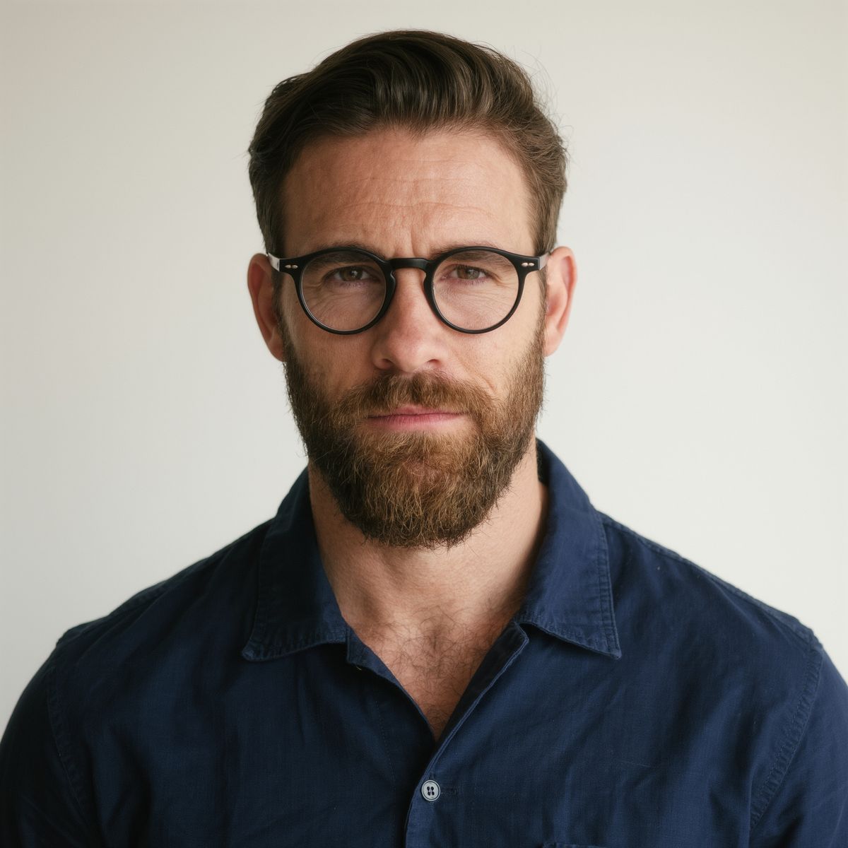 Head-and-shoulders portrait of a man with a short beard and round glasses in a navy overshirt