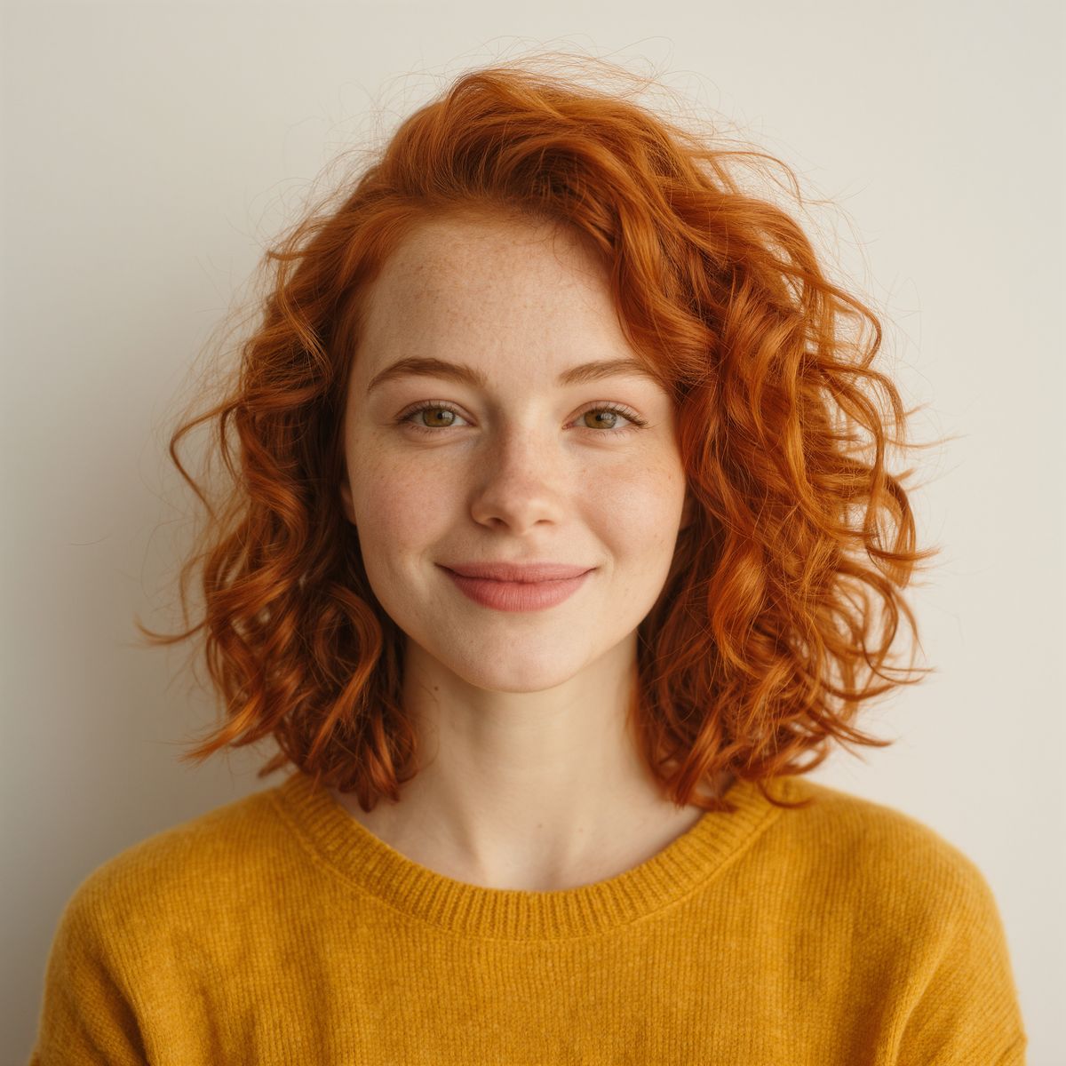 Head-and-shoulders portrait of a woman with curly red hair in a mustard sweater
