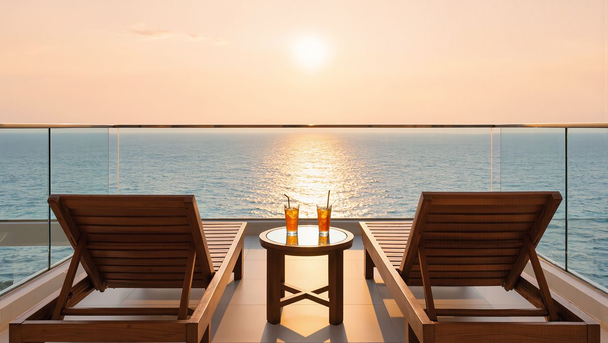 A hotel balcony at sunset with two wooden lounge chairs, a small table with two glasses, and the sea beyond a glass railing