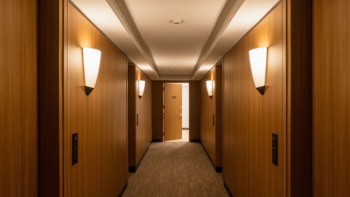 A hotel corridor with warm wood paneling and wall sconces, the door of room 512 half open at the end