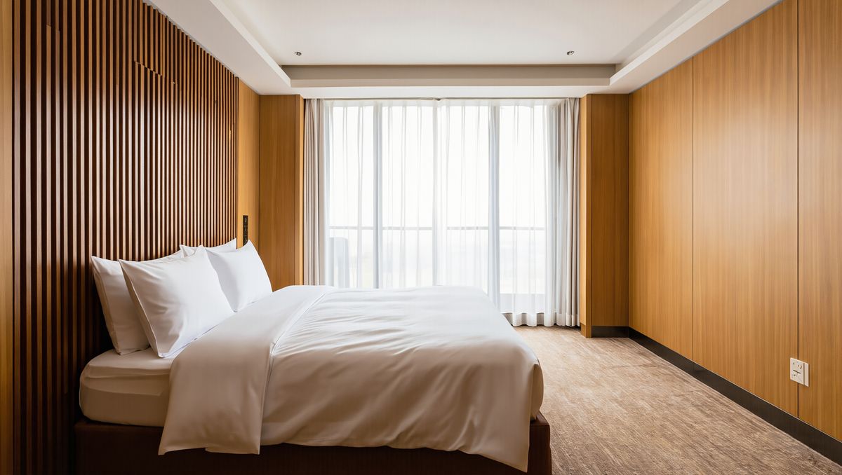 A bright hotel room with a king bed in white linen, a wood headboard, and a balcony door with sheer curtains