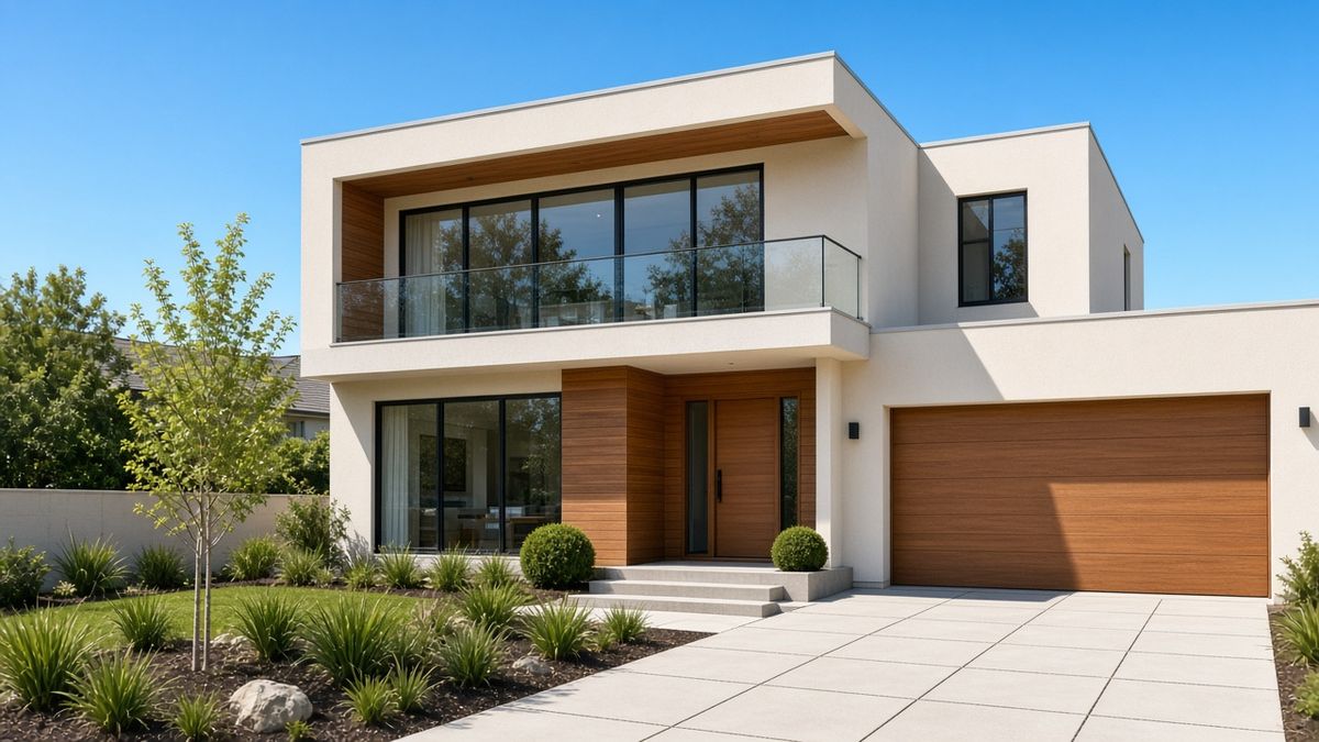 A modern two-storey house photographed under flat bright midday daylight