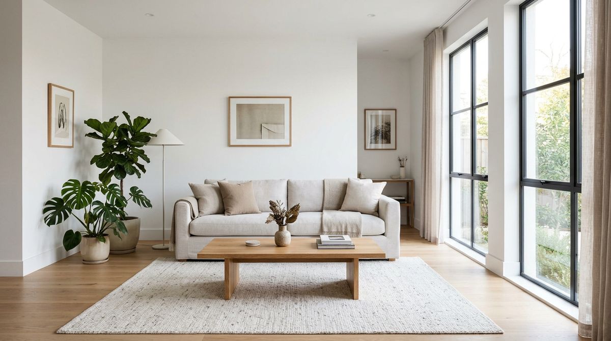 A bright living room with a pale linen sofa, an oak coffee table on a textured rug, and tall windows on the right