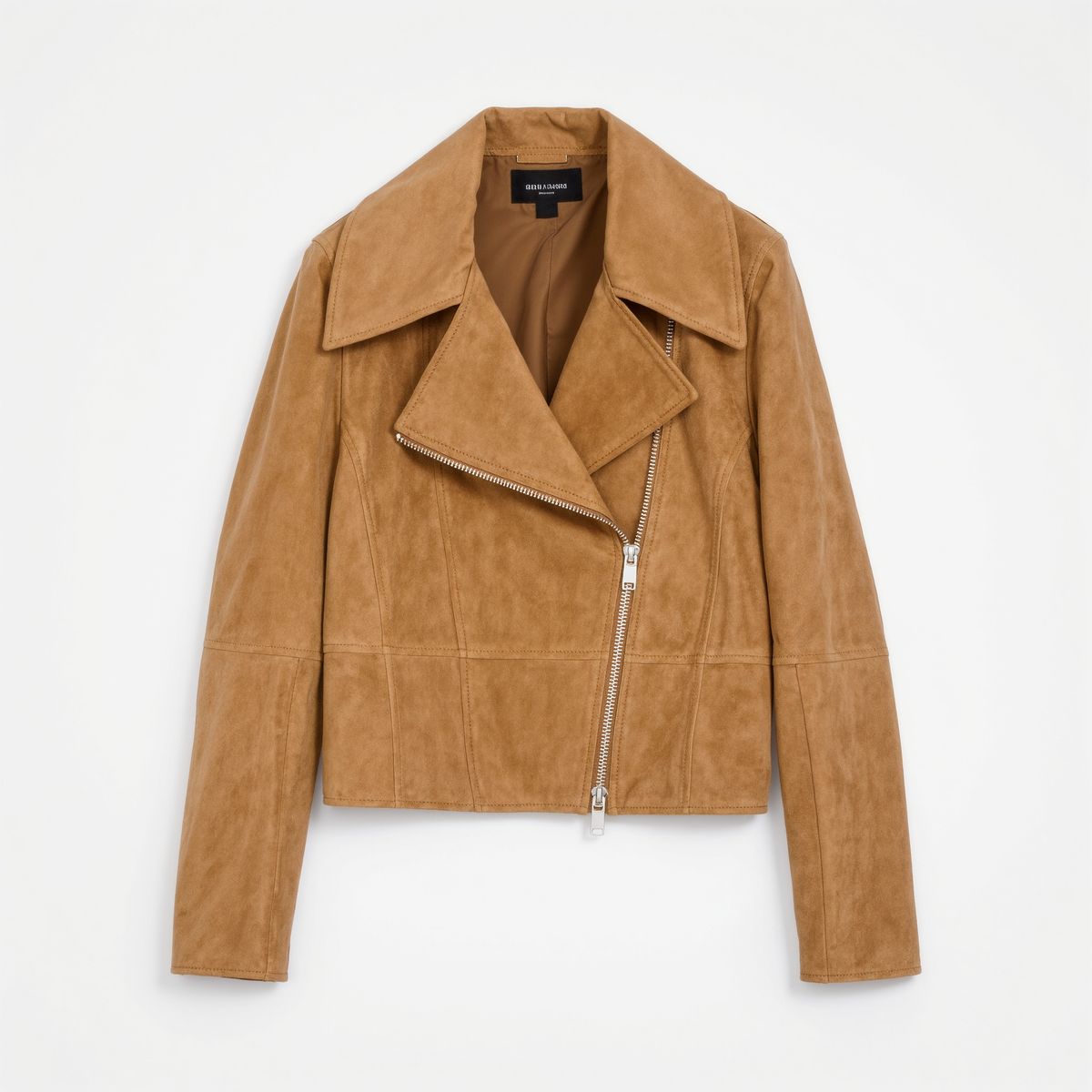 A cropped camel suede jacket with a wide collar and a silver zip laid flat on white