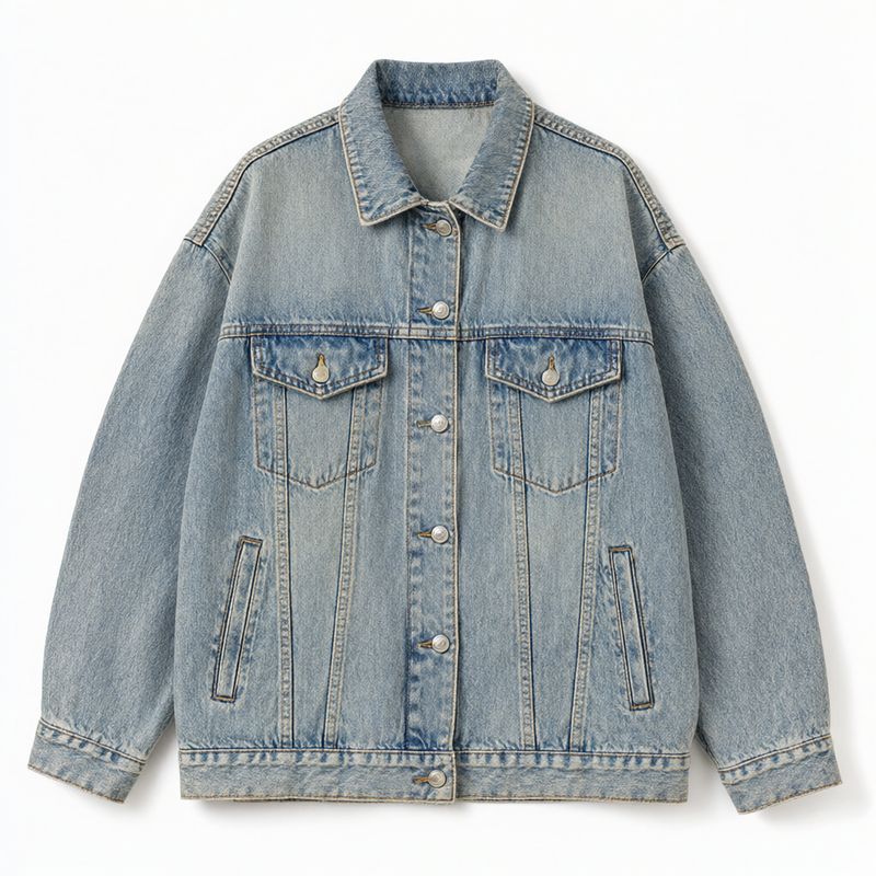 A cropped light-wash denim jacket with silver buttons and two chest flap pockets laid flat on white