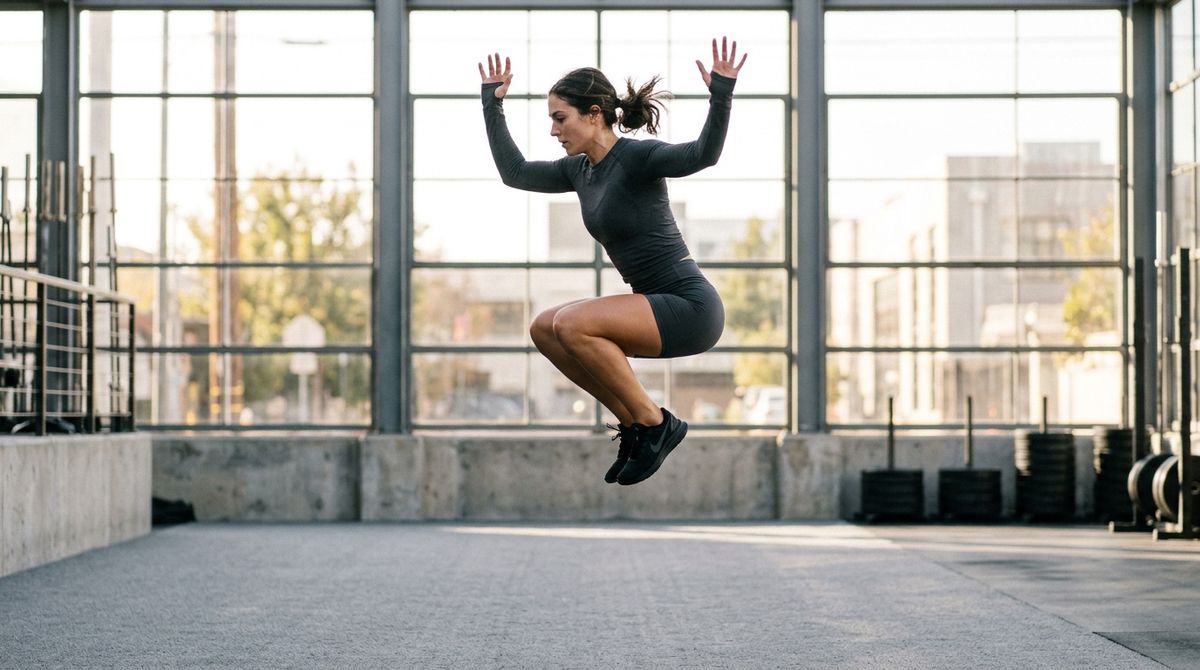 A tightly-framed shot of an athlete in mid-jump at peak height on a wide outdoor gym floor, arms lifted, feet drawn up under her, morning light through tall windows