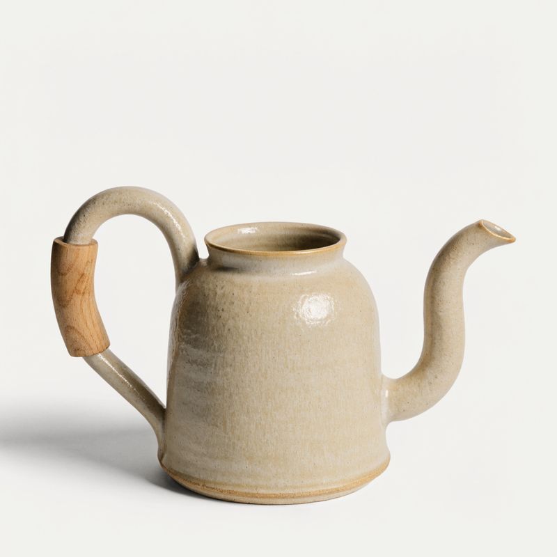A hand-thrown stovetop ceramic pour-over kettle with a warm cream matte glaze, a slim curved spout, and a wood grip on the handle, on a plain off-white studio backdrop
