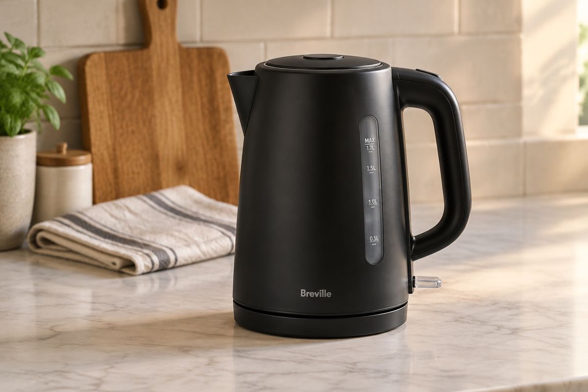 A matte black electric kettle on a pale marble kitchen worktop with a wooden chopping board and a folded tea towel behind it