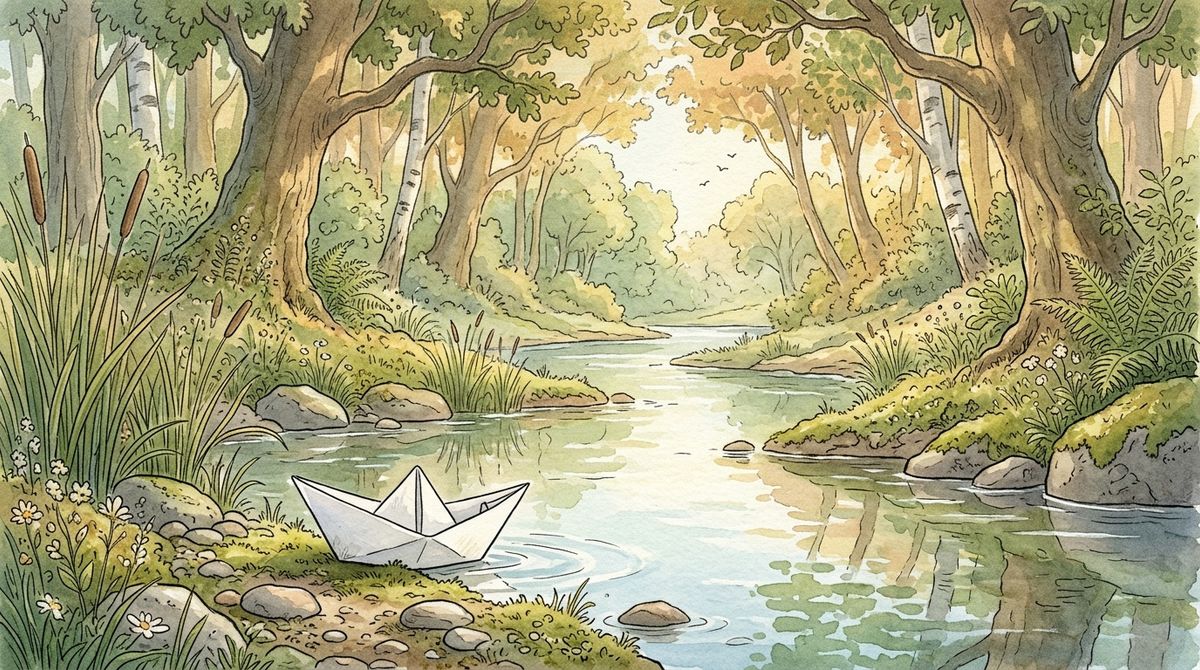 A watercolor illustration of a white paper boat at the calm edge of a woodland stream in morning light