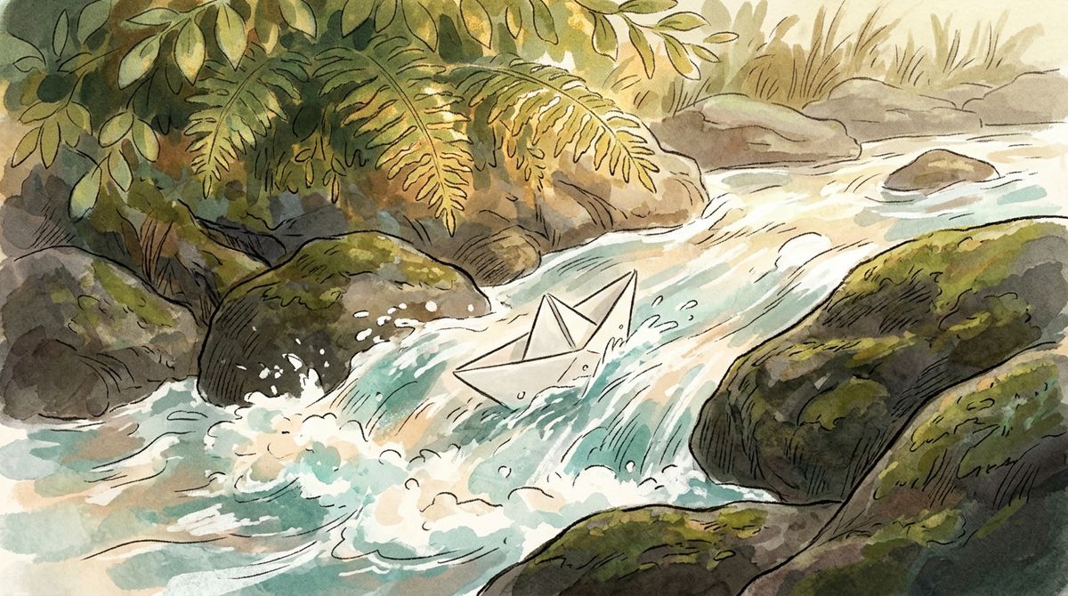 A watercolor illustration of the same paper boat rushing through rapids between mossy rocks