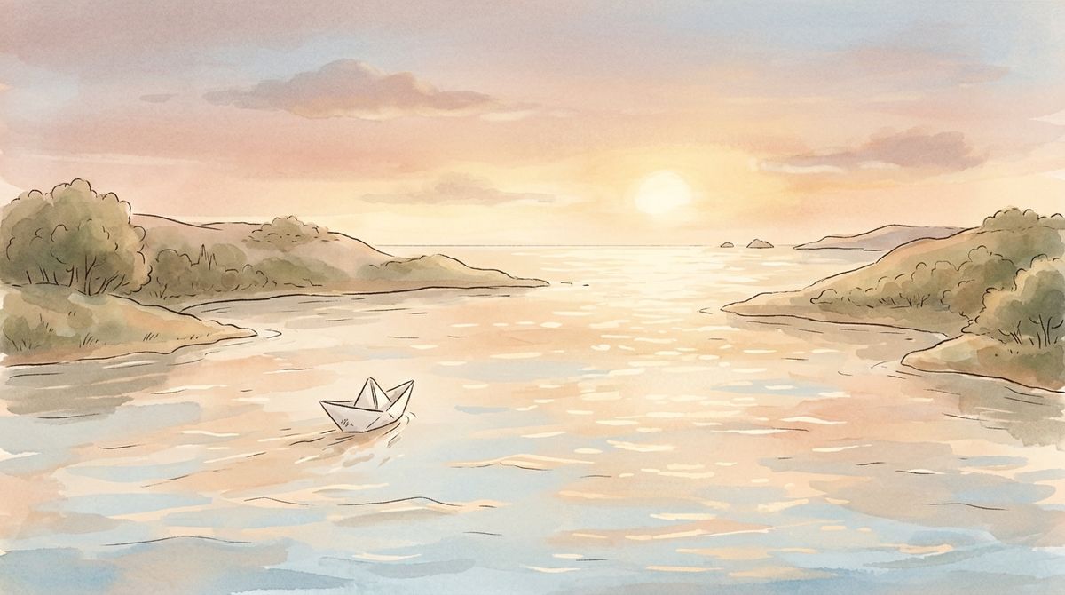 A watercolor illustration of the paper boat drifting onto a wide calm estuary toward a golden sea